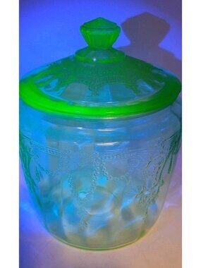 VTG Uranium Green Anchor Hocking Cameo Ballerina Pattern Cookie Jar Biscuit Jar